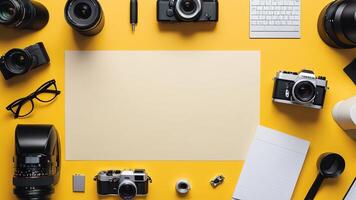 items on yellow table, background design of random objects on table photo