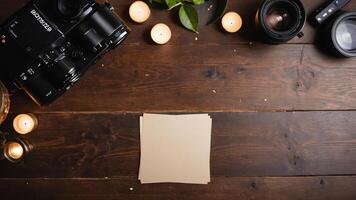 items on brown table, background design of random objects on table photo