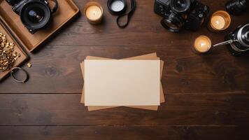 items on brown table, background design of random objects on table photo