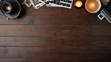 items on brown table, background design of random objects on table photo