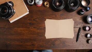 items on brown table, background design of random objects on table photo