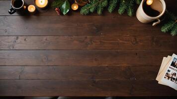 items on brown table, background design of random objects on table photo