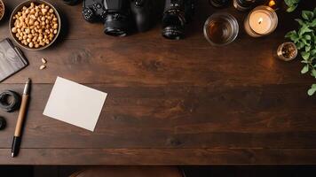items on brown table, background design of random objects on table photo