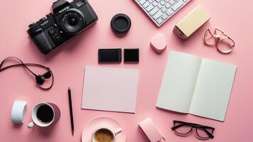 items on pink table, background design of random objects on table photo
