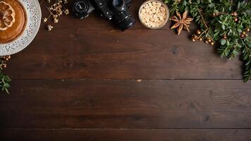 items on brown table, background design of random objects on table photo