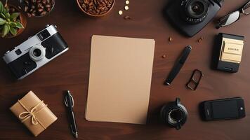 items on brown table, background design of random objects on table photo