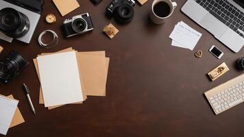 items on brown table, background design of random objects on table photo