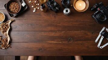 items on brown table, background design of random objects on table photo