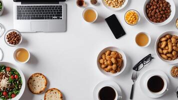 items and food on white table, background design random objects on table photo