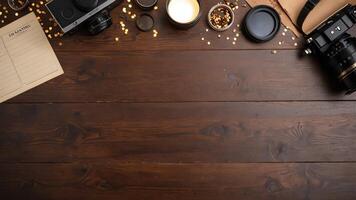 items on brown table, background design of random objects on table photo