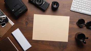 items on brown table, background design of random objects on table photo