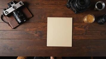 items on brown table, background design of random objects on table photo