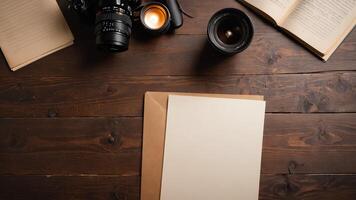 items on brown table, background design of random objects on table photo