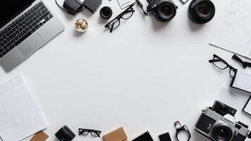 items on white table, background design random objects on table photo