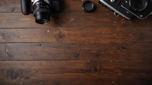 items on brown table, background design of random objects on table photo