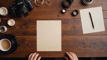 items on brown table, background design of random objects on table photo