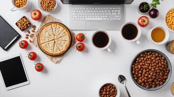 items and food on white table, background design random objects on table photo