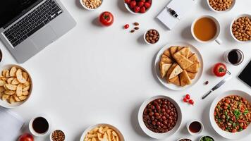 items and food on white table, background design random objects on table photo