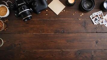 items on brown table, background design of random objects on table photo