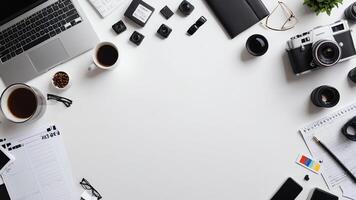 items on white table, background design random objects on table photo