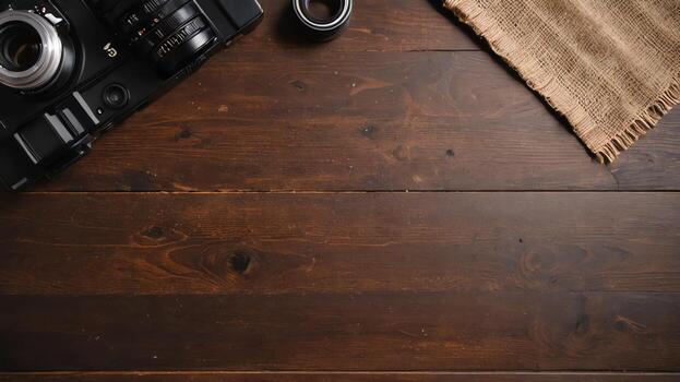 items on brown table, background design of random objects on table photo