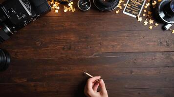 items on brown table, background design of random objects on table photo