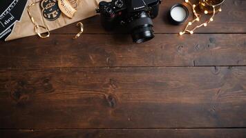 items on brown table, background design of random objects on table photo