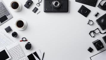 items on white table, background design random objects on table photo