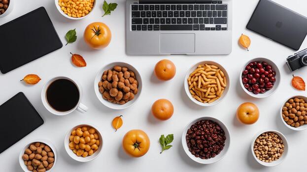 artículos y comida en blanco mesa, antecedentes diseño aleatorio objetos en mesa foto
