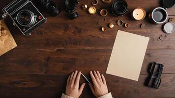 items on brown table, background design of random objects on table photo