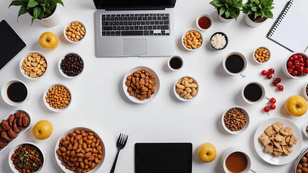 items and food on white table, background design random objects on table photo
