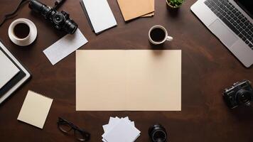 items on brown table, background design of random objects on table photo