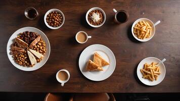 food on brown table, background design of random objects on table photo