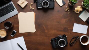 items on brown table, background design of random objects on table photo