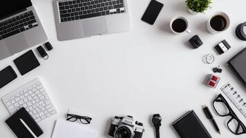items on white table, background design random objects on table photo