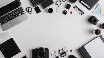 items on white table, background design random objects on table photo