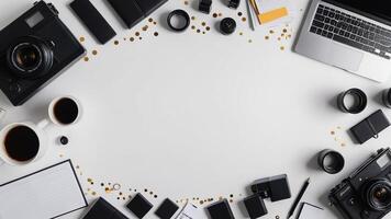 items on white table, background design random objects on table photo