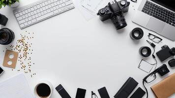 items on white table, background design random objects on table photo