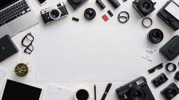 items on white table, background design random objects on table photo