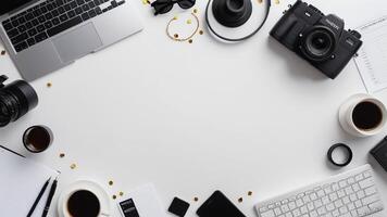 items on white table, background design random objects on table photo