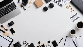 items on white table, background design random objects on table photo