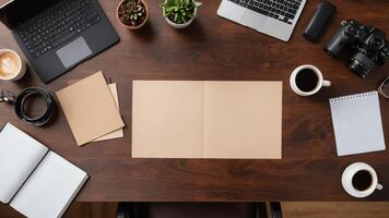 items on brown table, background design of random objects on table photo