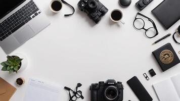 items on white table, background design random objects on table photo