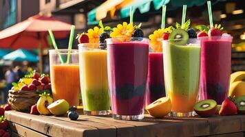 a colorful smoothie with fruit and vegetables on a table photo