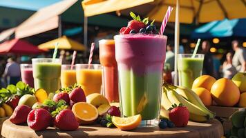 a colorful smoothie with fruit and vegetables on a table photo