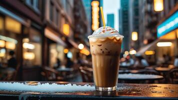 an iced coffee sitting on a table in front of a city photo