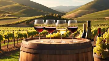 glasses of wine on a barrel in front of a vineyard photo