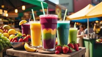 a colorful smoothie with fruit and vegetables on a table photo