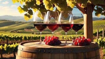 glasses of wine on a barrel in front of a vineyard photo