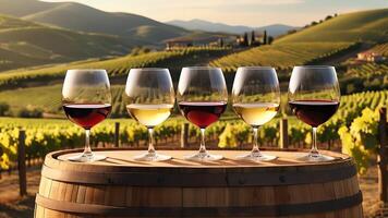 glasses of wine on a barrel in front of a vineyard photo